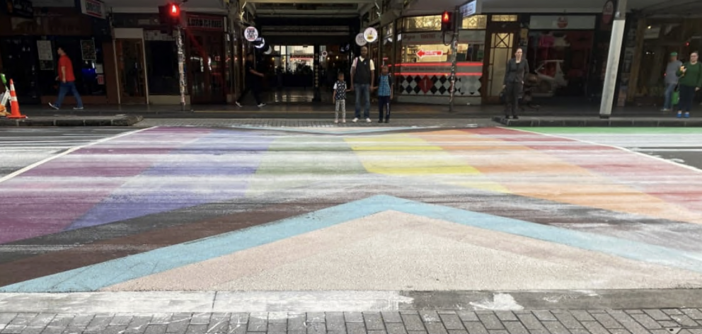 The crossing was painted white, but rain has washed a lot of it away. Photo: RNZ