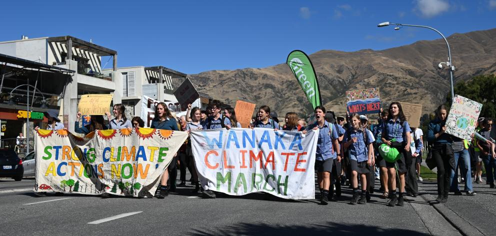 Mount Aspiring College pupils led a crowd of more than 80 in a climate march down Ardmore St. 