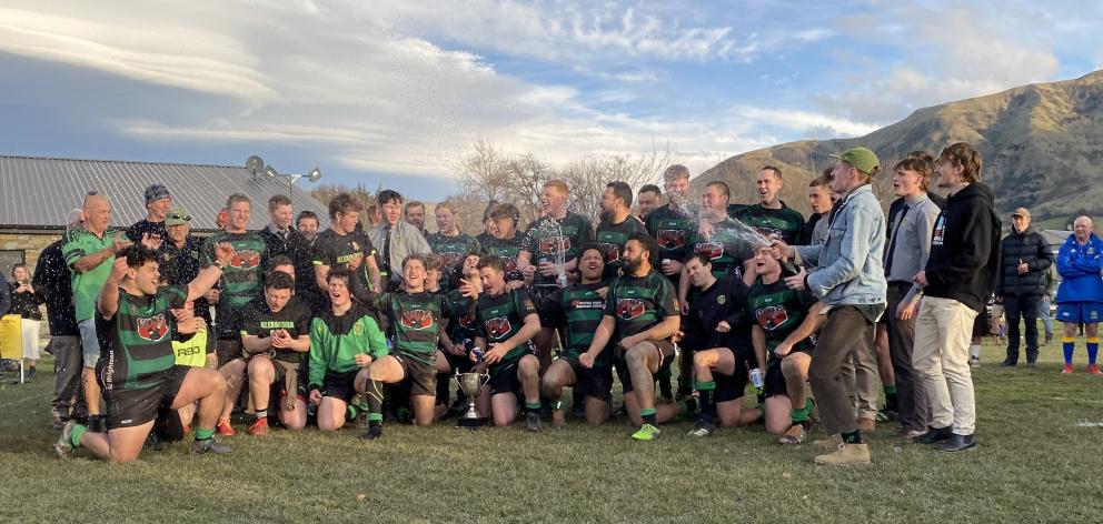 Alexandra rugby players celebrate after beating Upper Clutha in the Central Otago premier club...