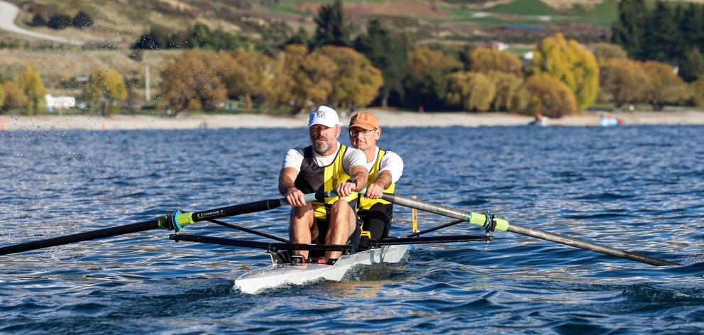 Wānaka Rowing Club members Tristan Hughs (left) and Shane Gibson compete in the South Island...
