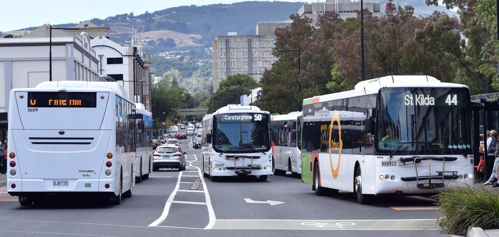 Buses at the Dunedin Bus Hub. PHOTO: PETER MCINTOSH