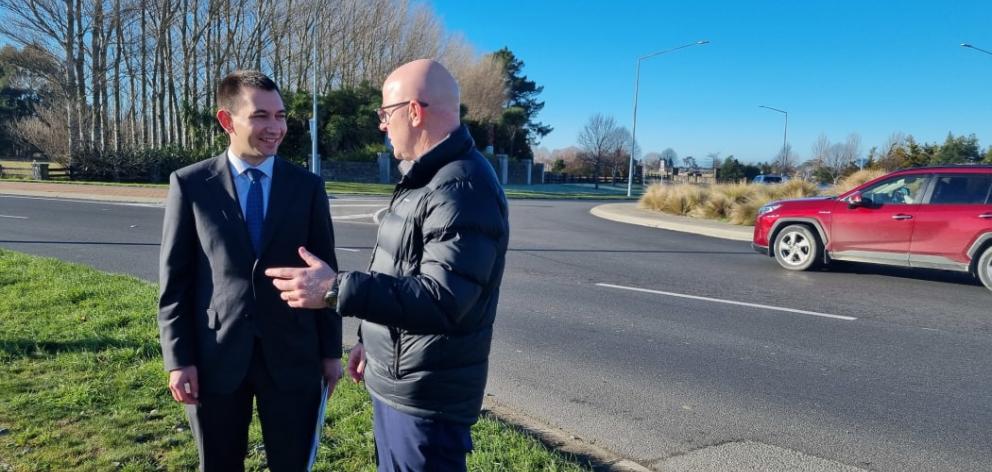 Transport Minister Simeon Brown and Waimakariri MP Matt Doocey at the Pegasus roundabout on July...