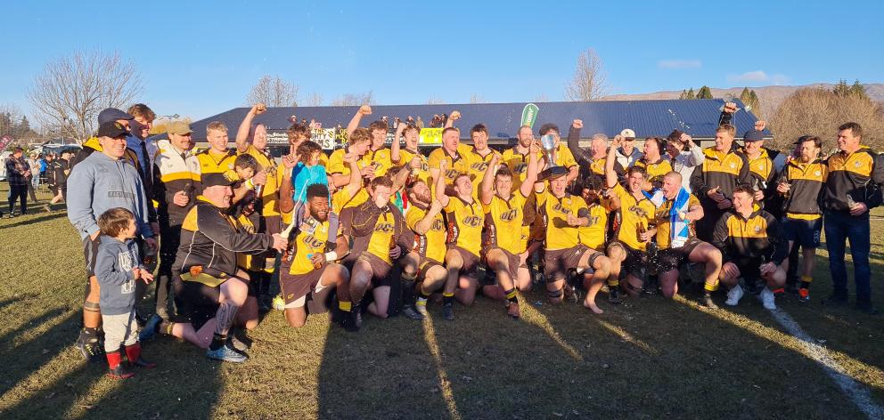 Upper Clutha celebrate victory in Wanaka on Saturday. PHOTO: MARJORIE COOK