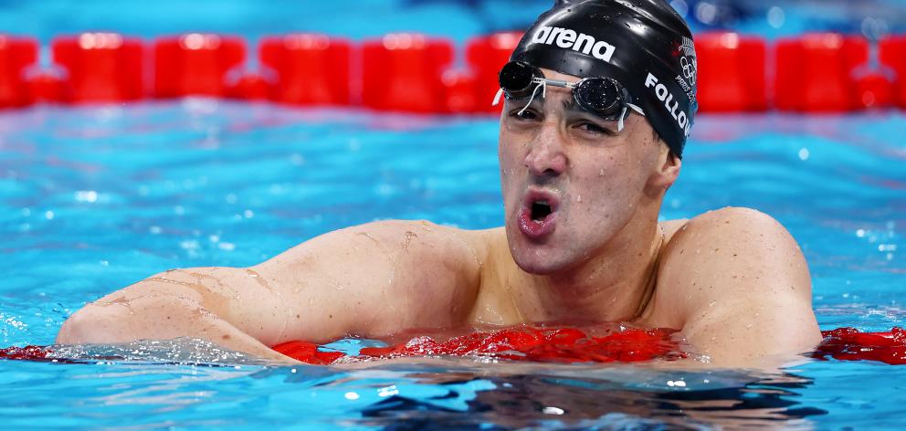 Kane Follows reacts after coming a close second in the backstroke heats. Photo: Getty Images 