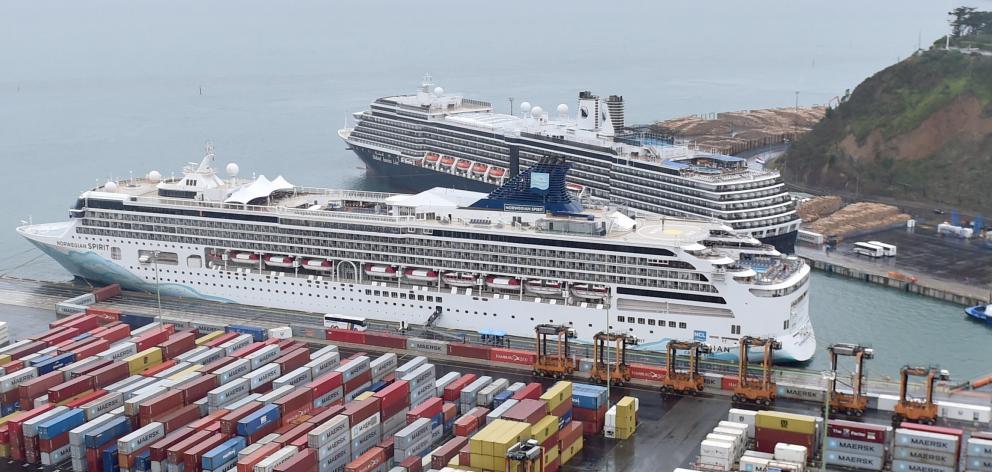 The crusie ships Norwegian Spirit (in front) and Noordam docked at Port Chalmers earlier this...