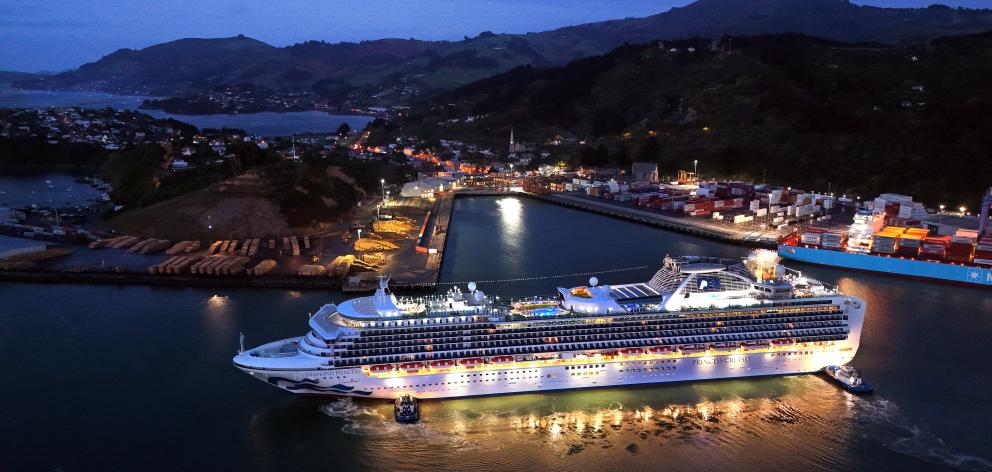 Diamond Princess, the first cruise ship of the season, arrives at Port Chalmers yesterday morning...