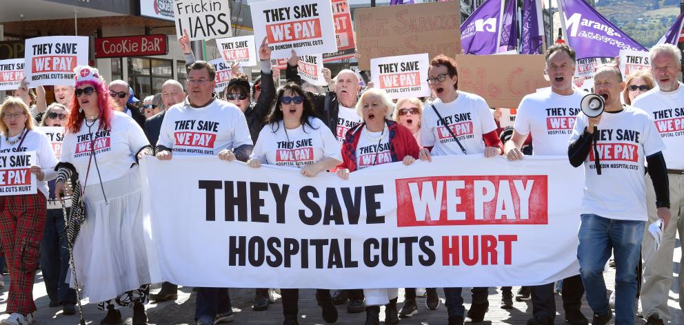 Dunedin city councillors protest the proposed cuts to the new Dunedin hospital project. File...