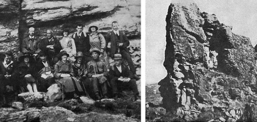 Otago Tramping Club excursion to the Big Rock on top of Maungatua. The club is now known as Otago...