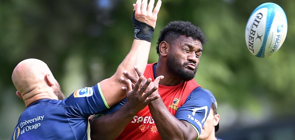 Highlanders co-captains Hugh Renton (left) and Timoci Tavatavanawai get physical at training...