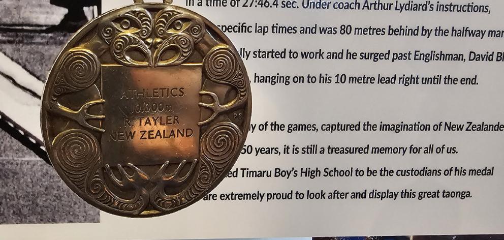 Dick Tayler’s 1974 Commonwealth Games 10,000m gold medal has a new home in the Timaru Boys’ High...