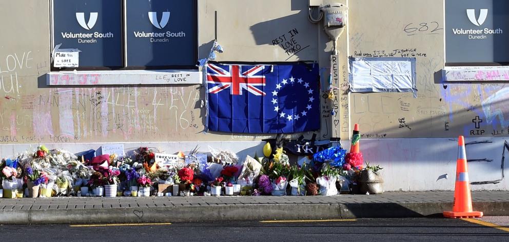 Flowers where Enere McLaren-Taana was fatally stabbed at the Dunedin Bus Hub in Great King St....
