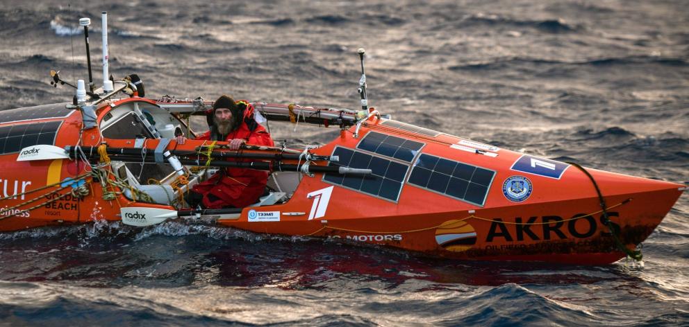 Russian adventurer Fedor Konyukhov pilots his rowing boat 'Akros'. PHOTO: SUPPLIED