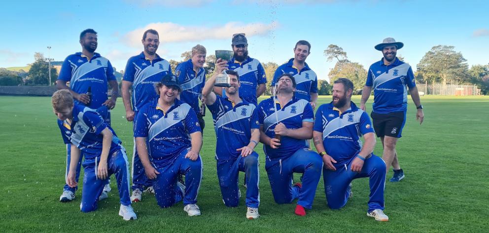 Oamaru cricketers celebrate victory in the Borton Cup final on Saturday. PHOTO: SUPPLIED