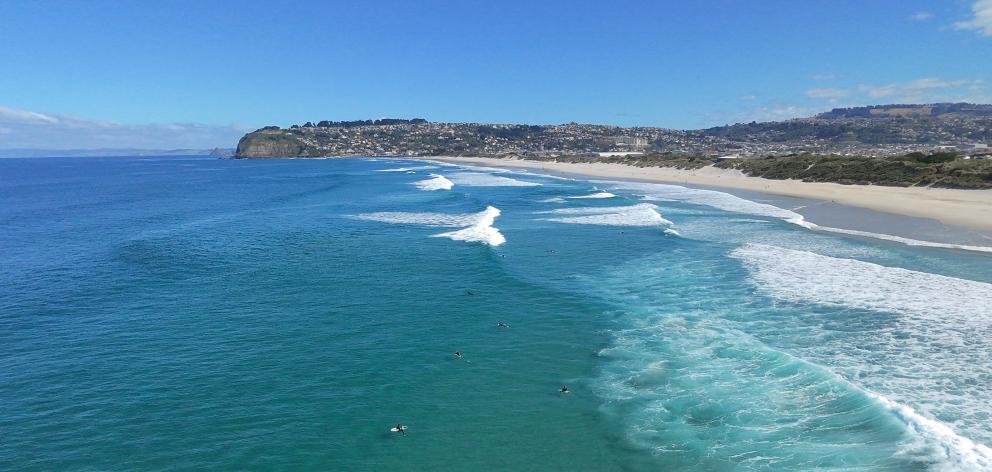 Surfers in action at Dunedin’s St Kilda Beach on a beautiful autumn day on Saturday. PHOTO:...