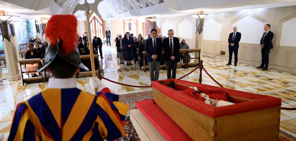 Chief Rabbi of Rome Riccardo Di Segni pays homage next to the body of Pope Francis placed in an...