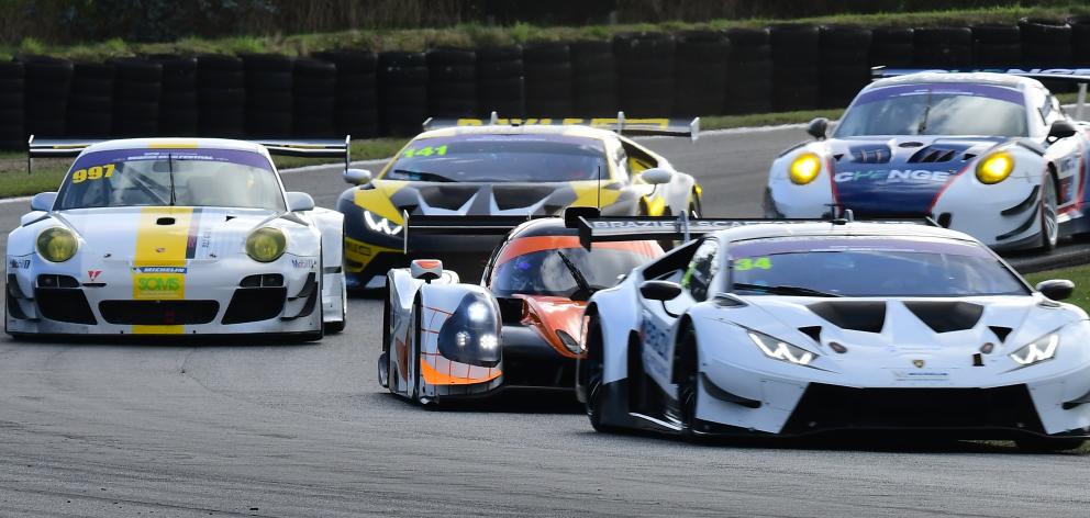 Glen Brazier in his Lamborghini Huracan leads the field in a GT/ GT3 class race. PHOTO: DAVE LOUDON