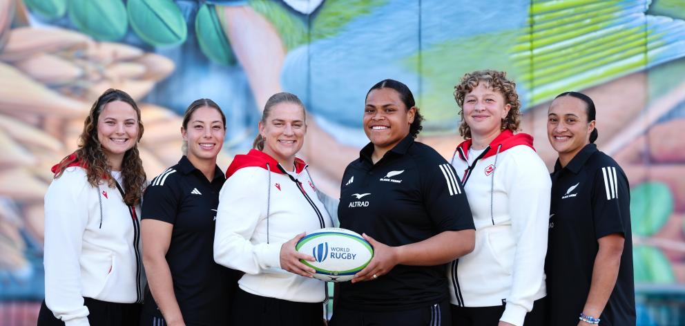 Canadian and Black Ferns players (from left) Holly Phillips, Amy du Plessis, Emily Tuttosi, Tanya...