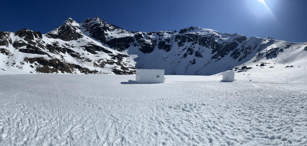 The squad’s shelters set up on Lake Alta.