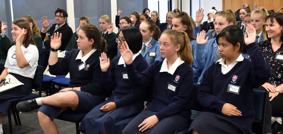 Australian businesswoman Dr Jenine Beekhuyzen addresses Dunedin school pupils yesterday. PHOTO:...
