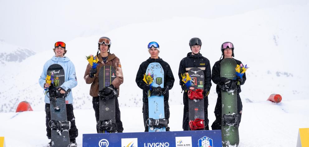 The top five in the men’s snowboard slopestyle (from left) Brooklyn Depriest, of the United...