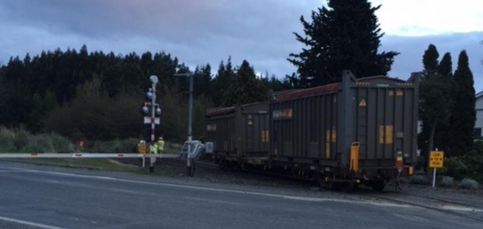 The train that derailed on State Highway 1 in Clinton. Photo: NZ Police