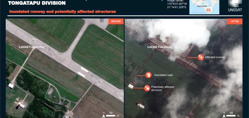 Damage to the airport on Tonga's main island of Tongatapu. Image: Unosat