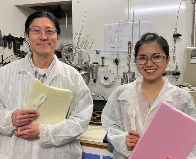 Dr Heon Park and PhD student Lilian Lin with examples of the materials they're studying. Photo: UC