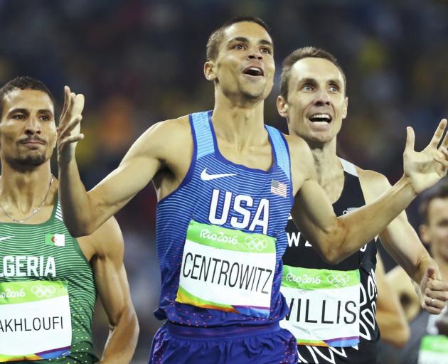 From left: Medal winners Taoufik Makhloufi, Matthew Centrowitz  and Nick Willis. Photo: Reuters
