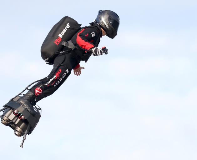 Franky Zapata takes off on a Flyboard for a second attempt to cross the English channel from...