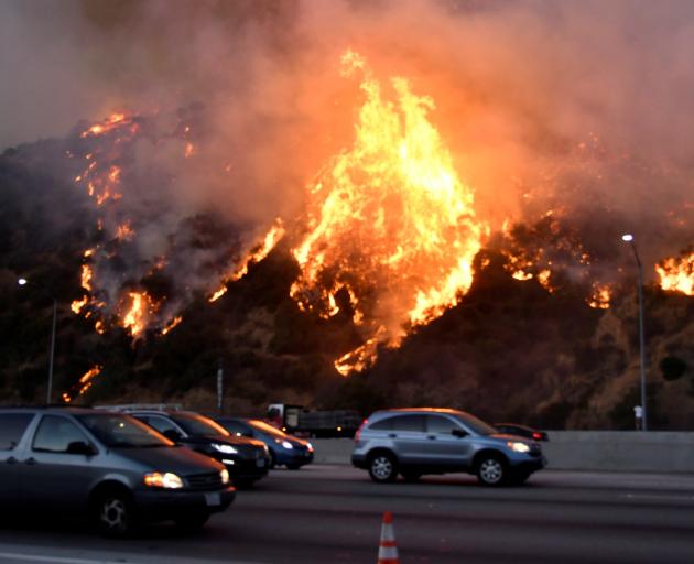 The Getty Fire burns along the 405 freeway north of Los Angeles on Monday. Photo: Reuters