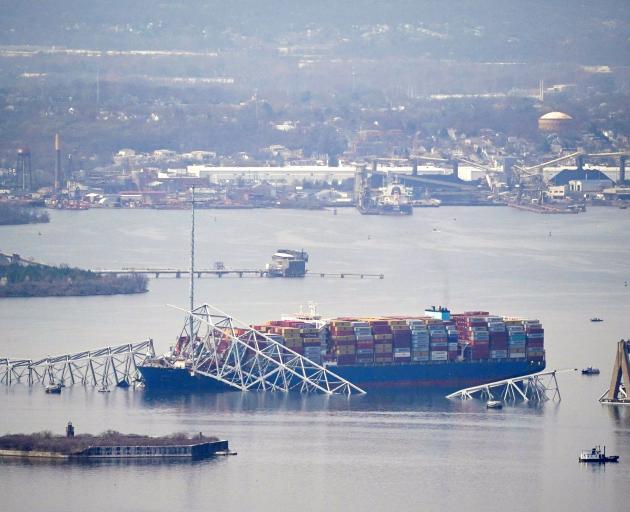 View of the Dali cargo vessel which crashed into the Francis Scott Key Bridge causing it to...