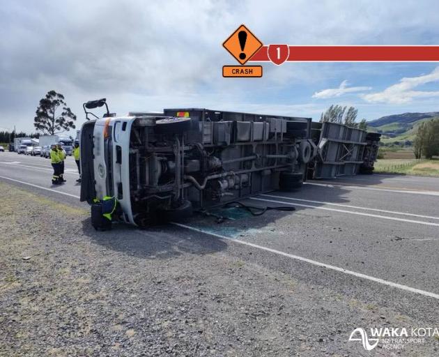 The truck rolled on State Highway 1 south of Waipara. Photo: Waka Kotahi NZ Transport Agency -...