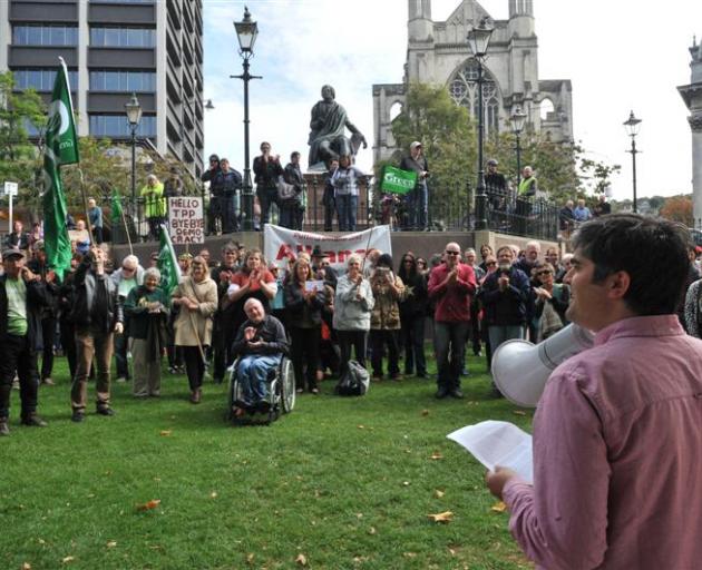 Addressing an anti-TPPA rally in the Octagon in 2014. PHOTO: ODT FILES