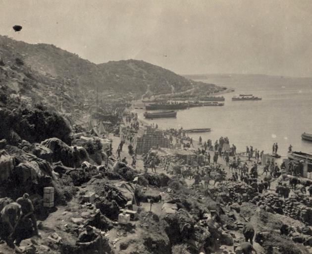 The beach at Anzac Cove congested with boats and barges offloading men and supplies. Overcrowding remained a problem inside the tiny Anzac perimeter until the Sari Bair Offensive in August 1915. PHOTO: ALEXANDER TURNBULL LIBRARY REFERENCE PACOLL-8147-1-08