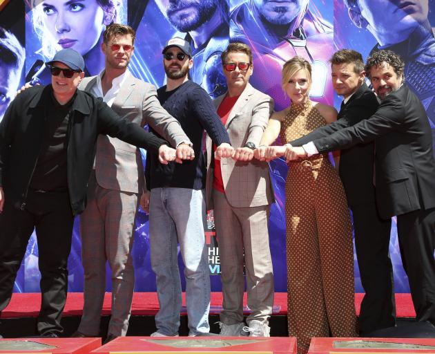 From left: Marvel Studios president Kevin Feige with Endgame cast Chris Hemsworth, Chris Evans,...