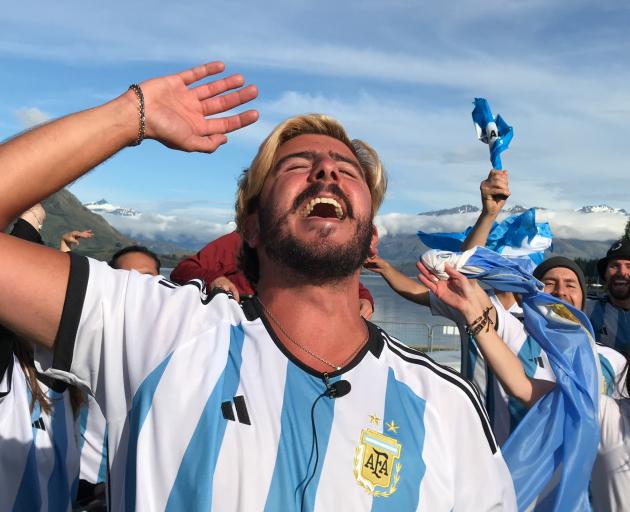 Wanaka-based Nahuel Moran celebrates with his fellow Argentines after his countrymen lifted the...