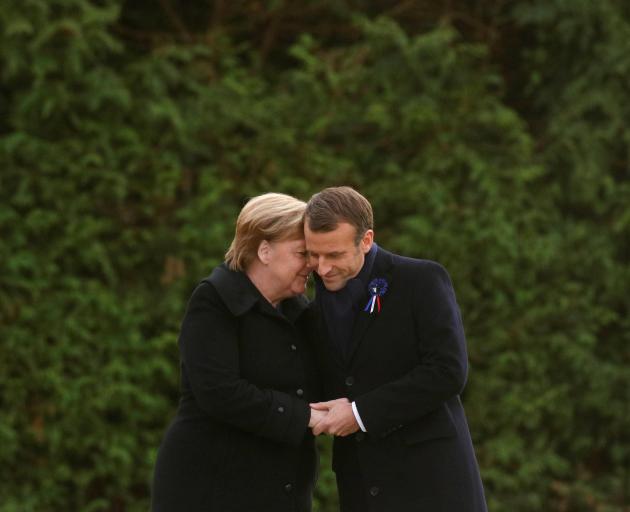 Angela Merkel and Emmanuel Macron during the commemoration ceremony for Armistice Day in...