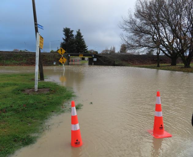 The viaduct connecting State Highway 1 at Tinwald to Melcombe Street is closed because of flooding. Photo: Ashburton Courier