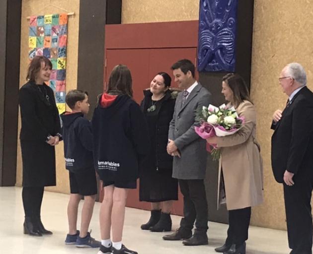 Clarke Gayford and Jenny Morrison have been welcomed with a rousing powhiri at Remarkables Primary School. Photo: Daisy Hudson Clarke Gayford and Jenny Morrison have been welcomed with a rousing powhiri at Remarkables Primary School. Photo: Daisy Hudson