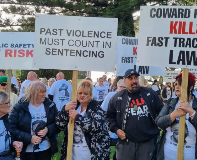 Protesters gathered outside the New Plymouth Court for the sentencing of Daytona Thompson. Photo:...