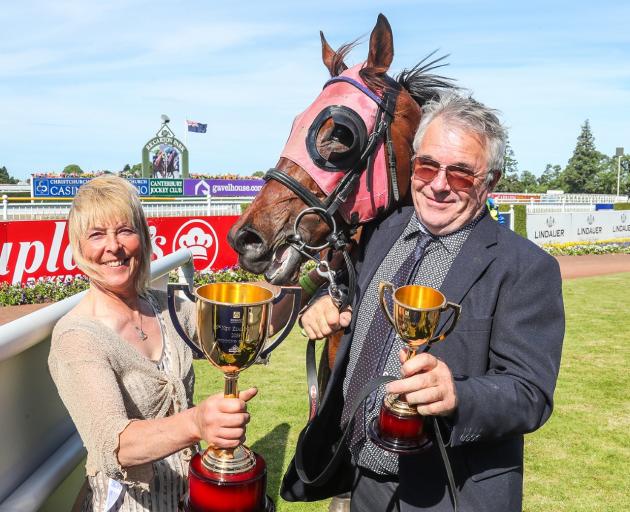 The late Terrill Charles with Peter Corbett after Dee And Gee won the 2019 New Zealand Cup at...