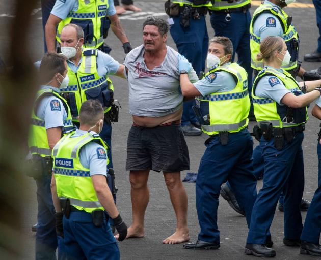 Police and anti-vax and mandate protesters at Parliament. Photo: Mark Mitchell