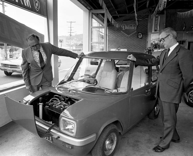 An Enfield Electric City Car in the Dunedin showroom of Amalgamated Batteries in 1976. The car...