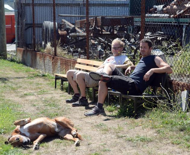 Tobyn the dog lies in the sun with owner Phil Meissner (right) and Marvin Foelsch, who enjoy the...