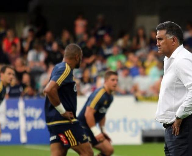 Jamie Joseph keeps an eye on the warm-up before the Highlanders v Hurricanes match in Dunedin earlier this month. Photo Getty