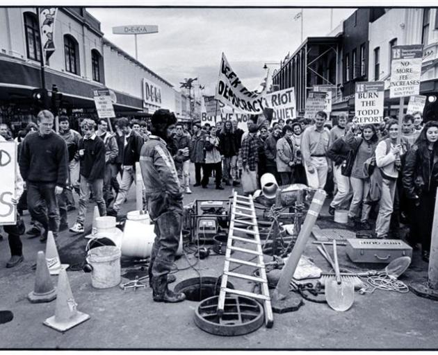 Student protestors march up George St in mid 1994 to demonstrate their opposition to increases in tuition fees as outlined in the Report of the Ministerial Consultative Group (MCG) for funding the expected growth in tertiary student enrollments over the n