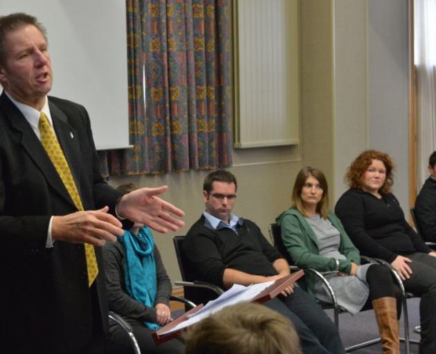 Prof Jon Hickford, from Lincoln University, addresses the Soil Makes Sense event at John McGlashan College, watched by (from left) Oritain scientist Ruth Warren (obscured), Justin Kitto (DairyNZ), Juliette Maitland (DairyNZ), Hayley Jenkins McCaw (ASB) an