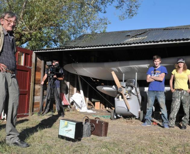 Film cast and crew (from left) Dunedin actor Eric Smith (78), cameraman Kirk Pflaum, Kirk Bremner, Lisa Hastie and Luke Bremner, on set in Middlemarch at the weekend. Photo by Gregor Richardson.