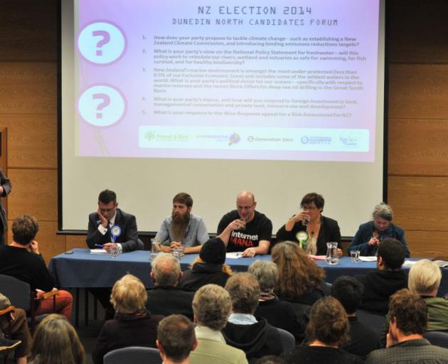 Labour MP David Clark addresses a Dunedin North candidates forum last night watched by other candidates (from left) National list MP Michael Woodhouse, Legalise Cannabis candidate Abe Gray, Internet Party candidate Robert Stewart, Green Party co-leader Me