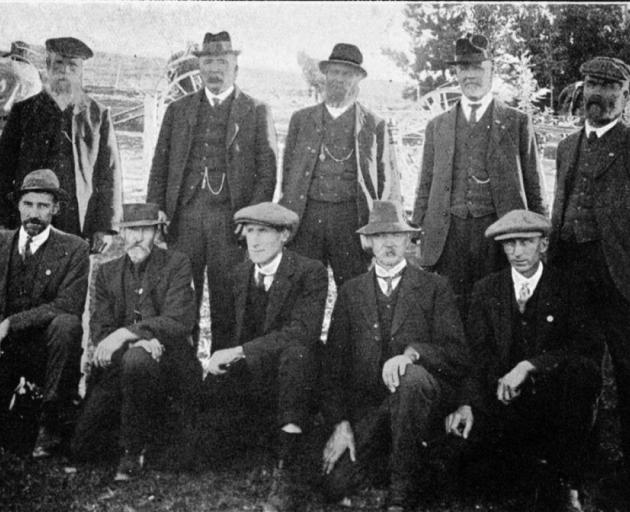 Old identities of the Ngapara District at the recent sheep dog trials. Back row: (from left): Messrs J. Thompson, A. Sutherland, H. Webber, T.S. Little and J. McCullough. Front row: Messrs Y.T. Shand, C. Graham, P.T. Shand, T. Patterson and E.J. Conlan. C